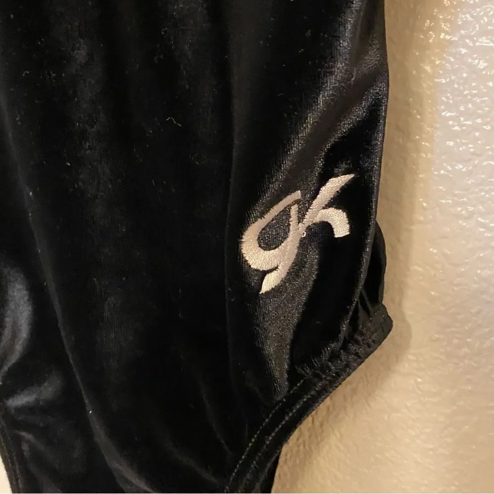 GK elite gymnastics competition leotard long sleeve black velvet rhinestone -S
